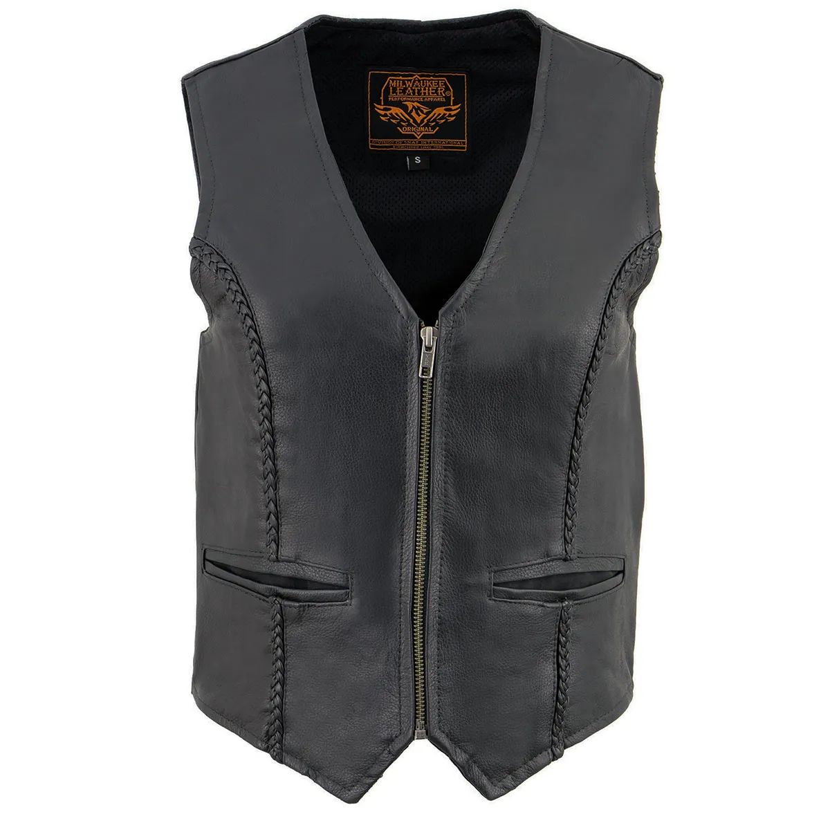 Milwaukee Leather SH1246Z Women's Black Leather Classic Braided Motorcycle Rider Vest with Zipper Closure