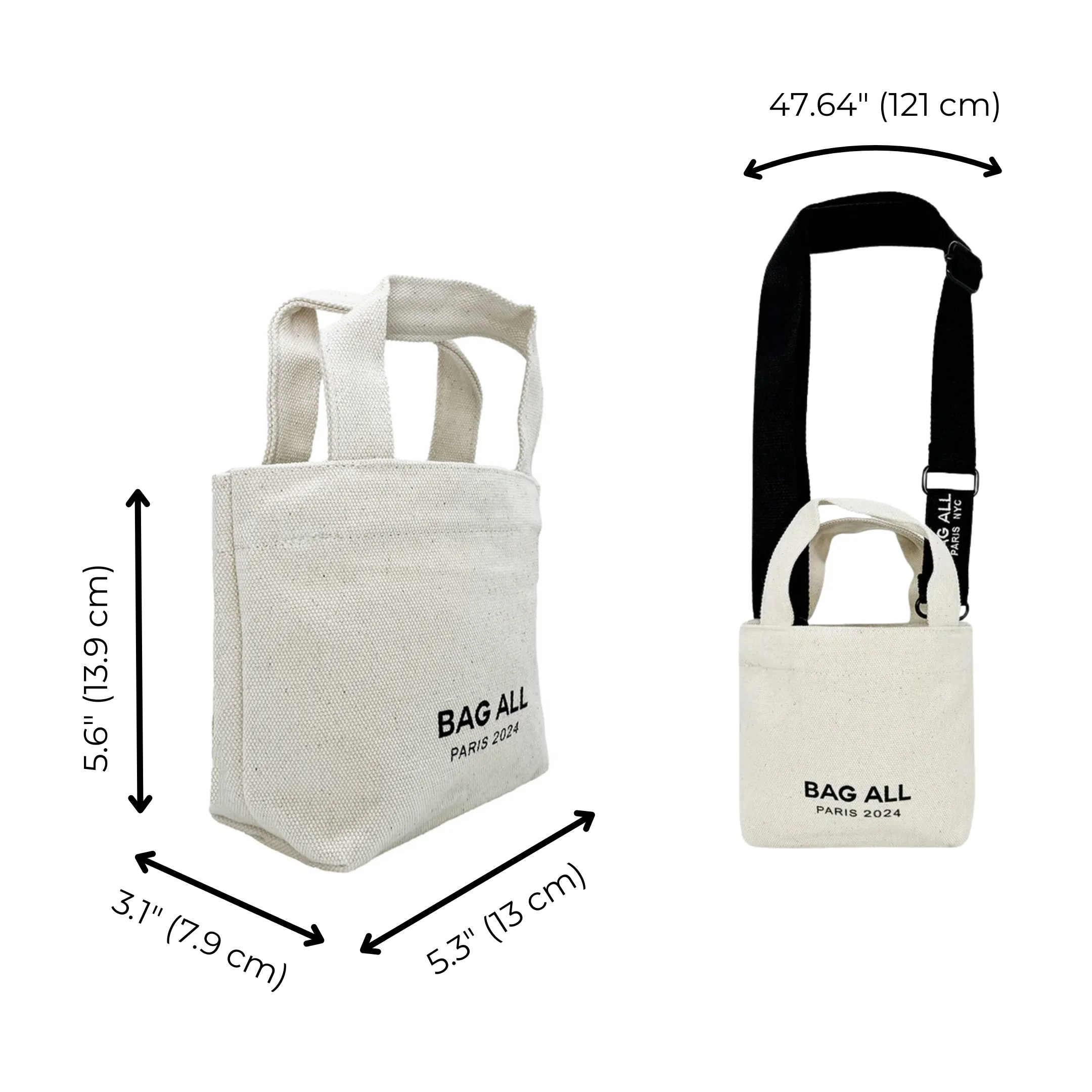 Mini Tote Bag with Strap and Inside Pocket, Cream