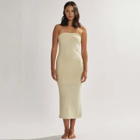 Minimalist Solid Color Ribbed Trim Strapless Bodycon Midi Knit Dress