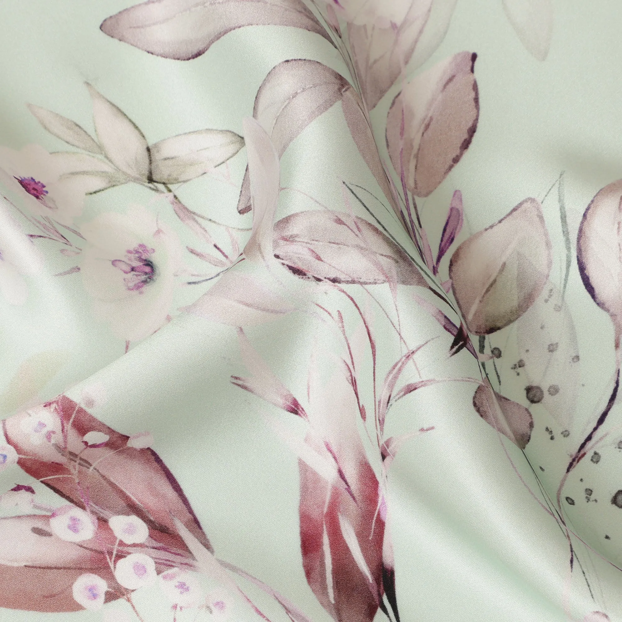 Mint Blush Floral Pure Silk Satin Fabric - 140 cm Width, Made in Italy-D20731