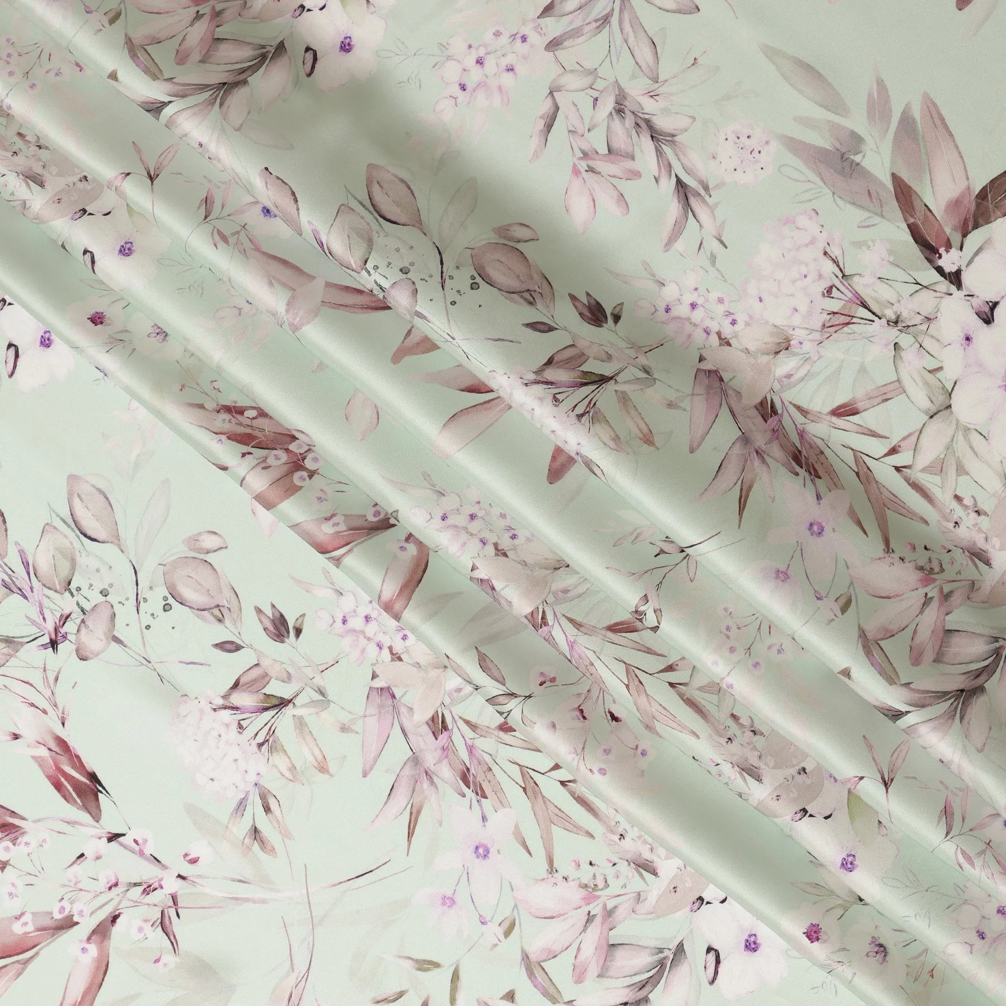 Mint Blush Floral Pure Silk Satin Fabric - 140 cm Width, Made in Italy-D20731