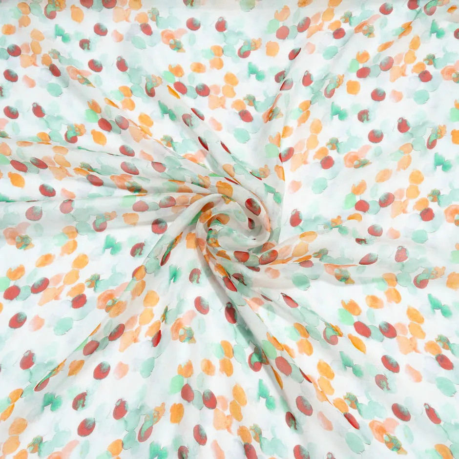 Mint, Orange & Red Spotted Pure Silk Chiffon