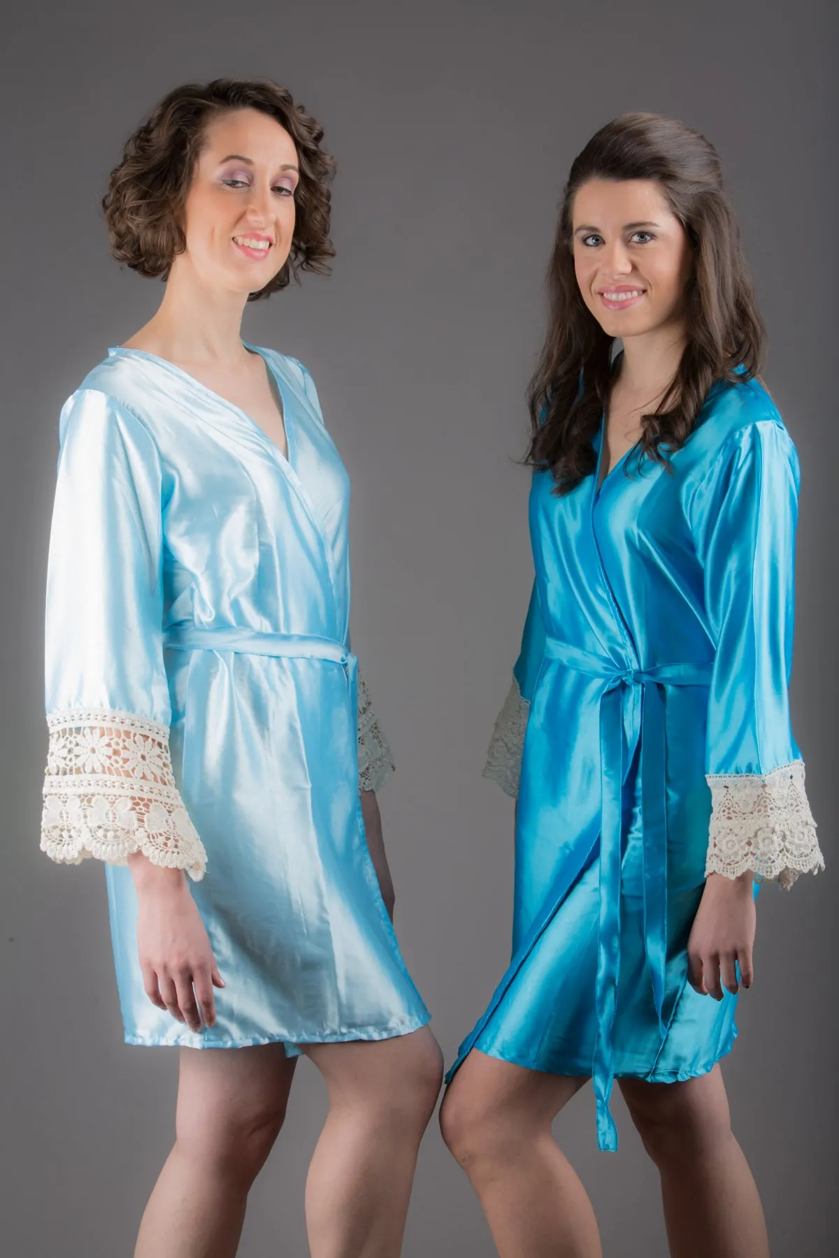 Mint Satin Robe with Ivory Lace Accented Cuffs