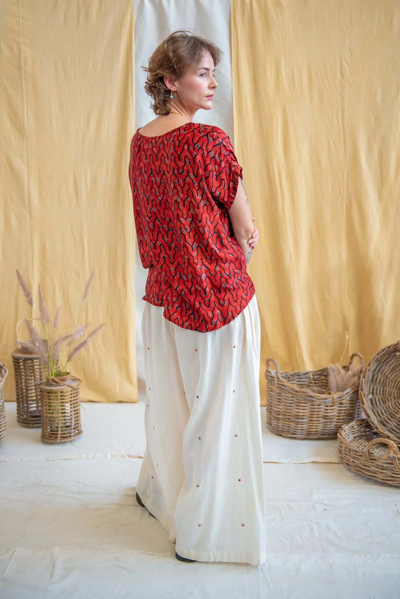 Mirror Embroidered Natural Wide Leg Pants