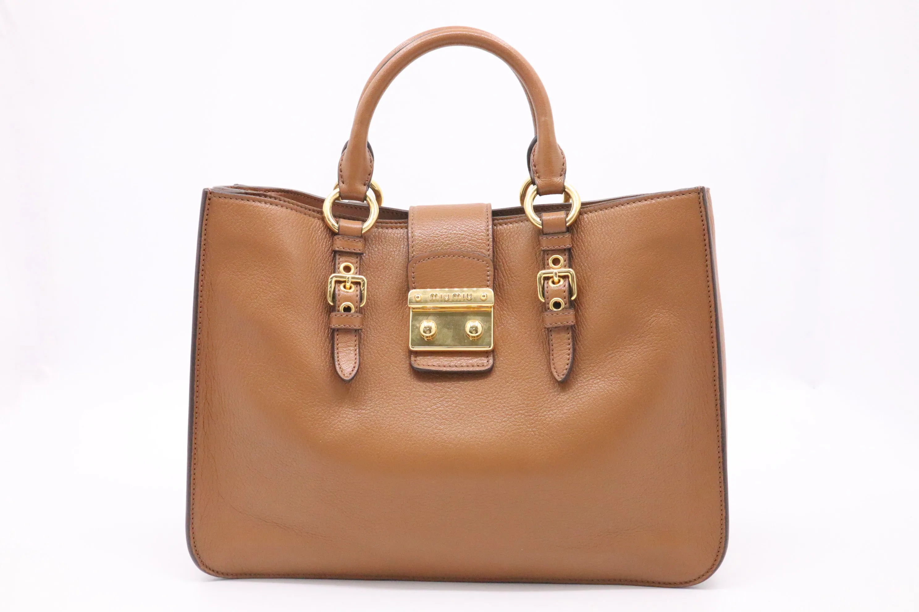 Miu Miu Madras Large Tote in Brown Leather