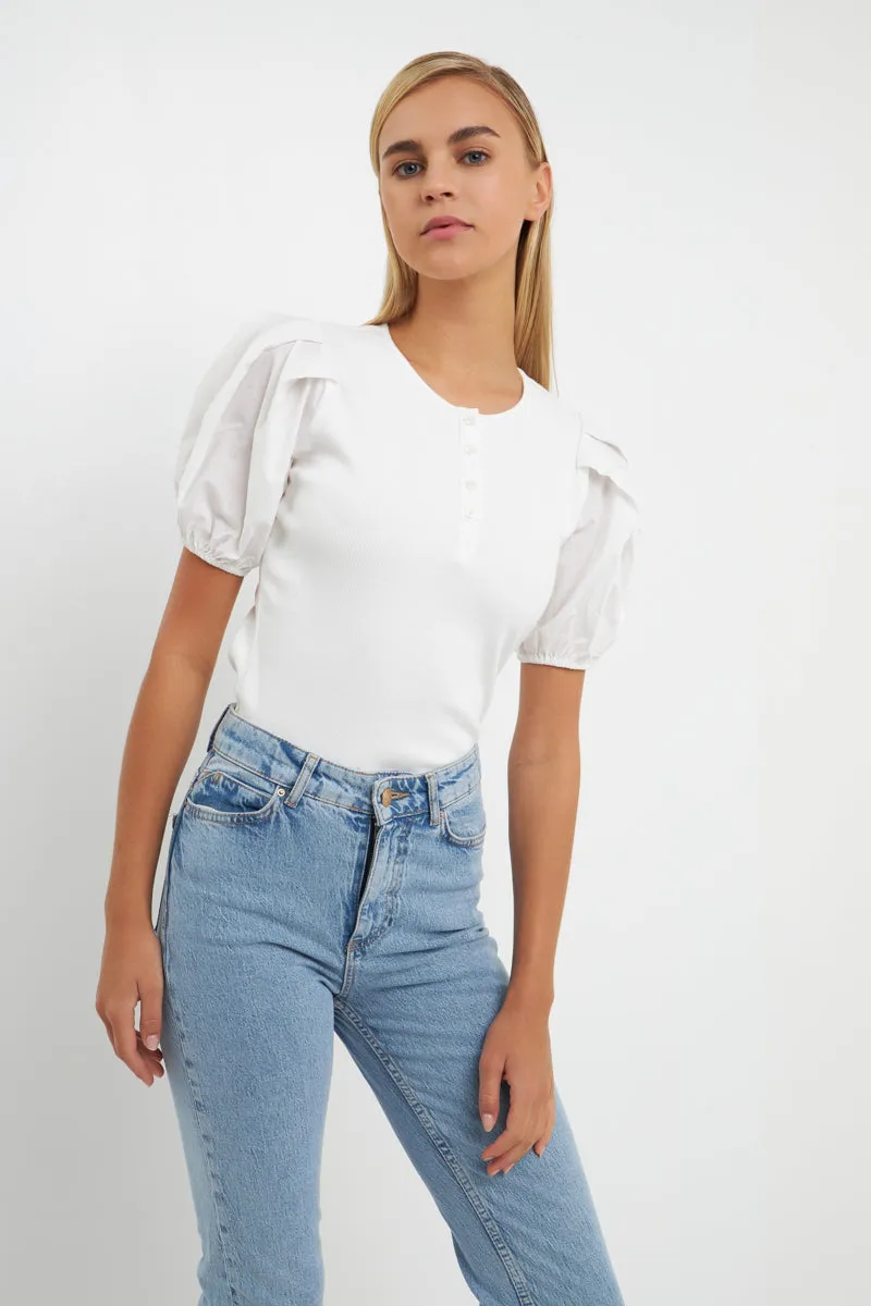 Mixed Media Puff Sleeve Henley Top