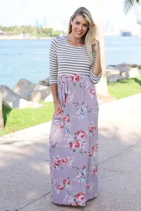 Mocha Floral Striped Maxi Dress with Tie Waist