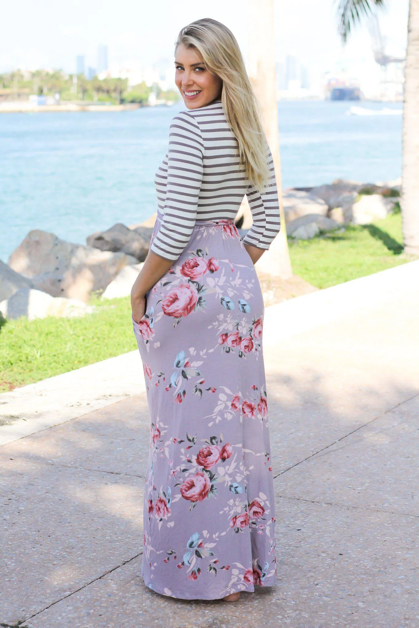 Mocha Floral Striped Maxi Dress with Tie Waist