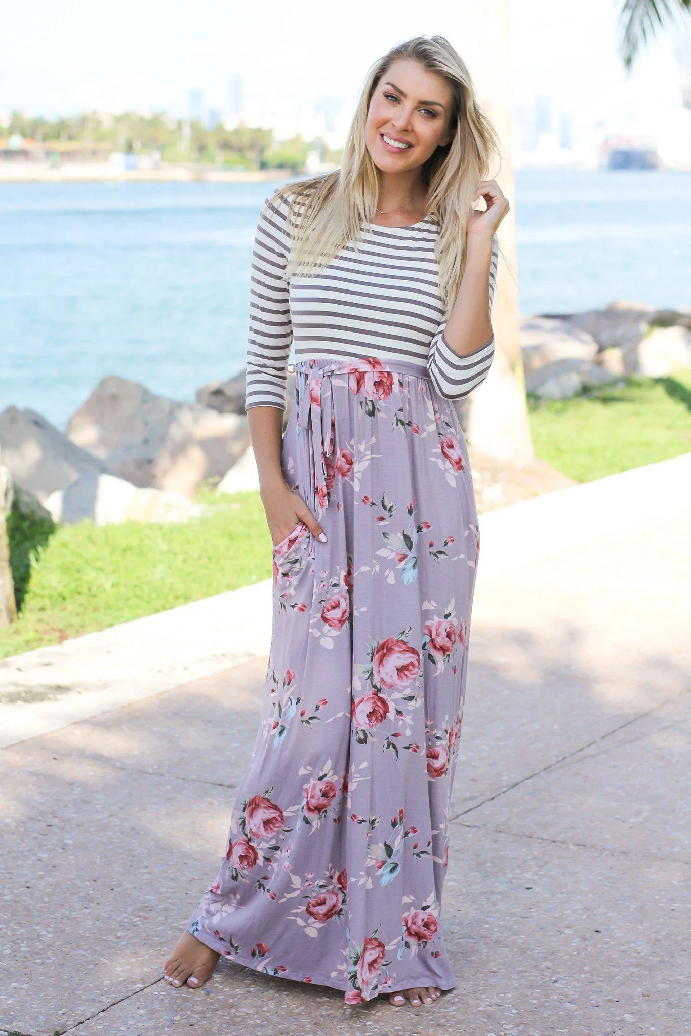 Mocha Floral Striped Maxi Dress with Tie Waist