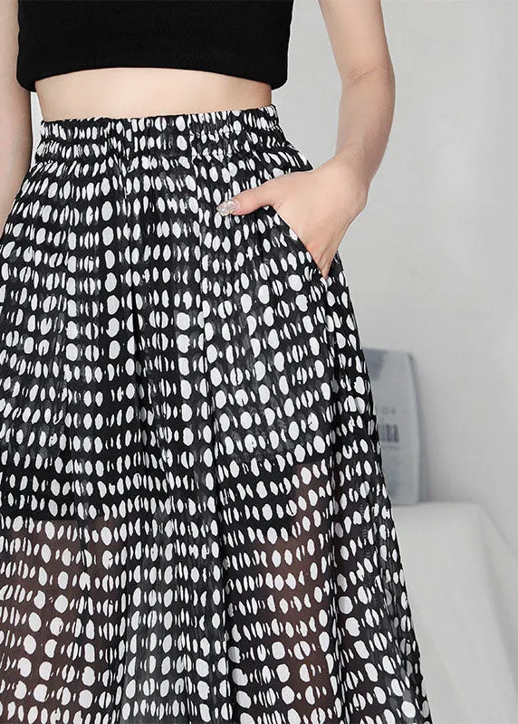 Modern Black White Dot High Waist Chiffon Wide Leg Pants Trousers