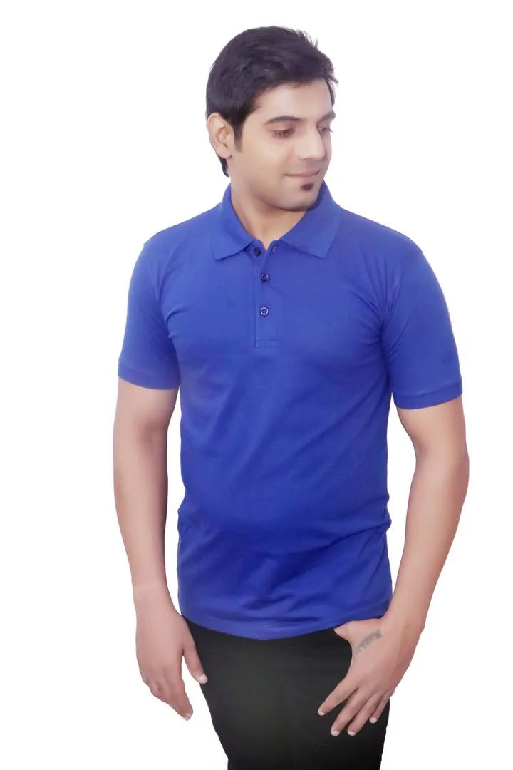 Modern Blue Cotton Solid Polo T-Shirt For Men