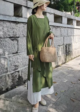 Modern Green Solid Tie Waist Cotton Long Cardigans Summer