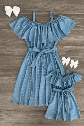 Mom & Me - Blue Polka Dot Ruffle Tie Dress