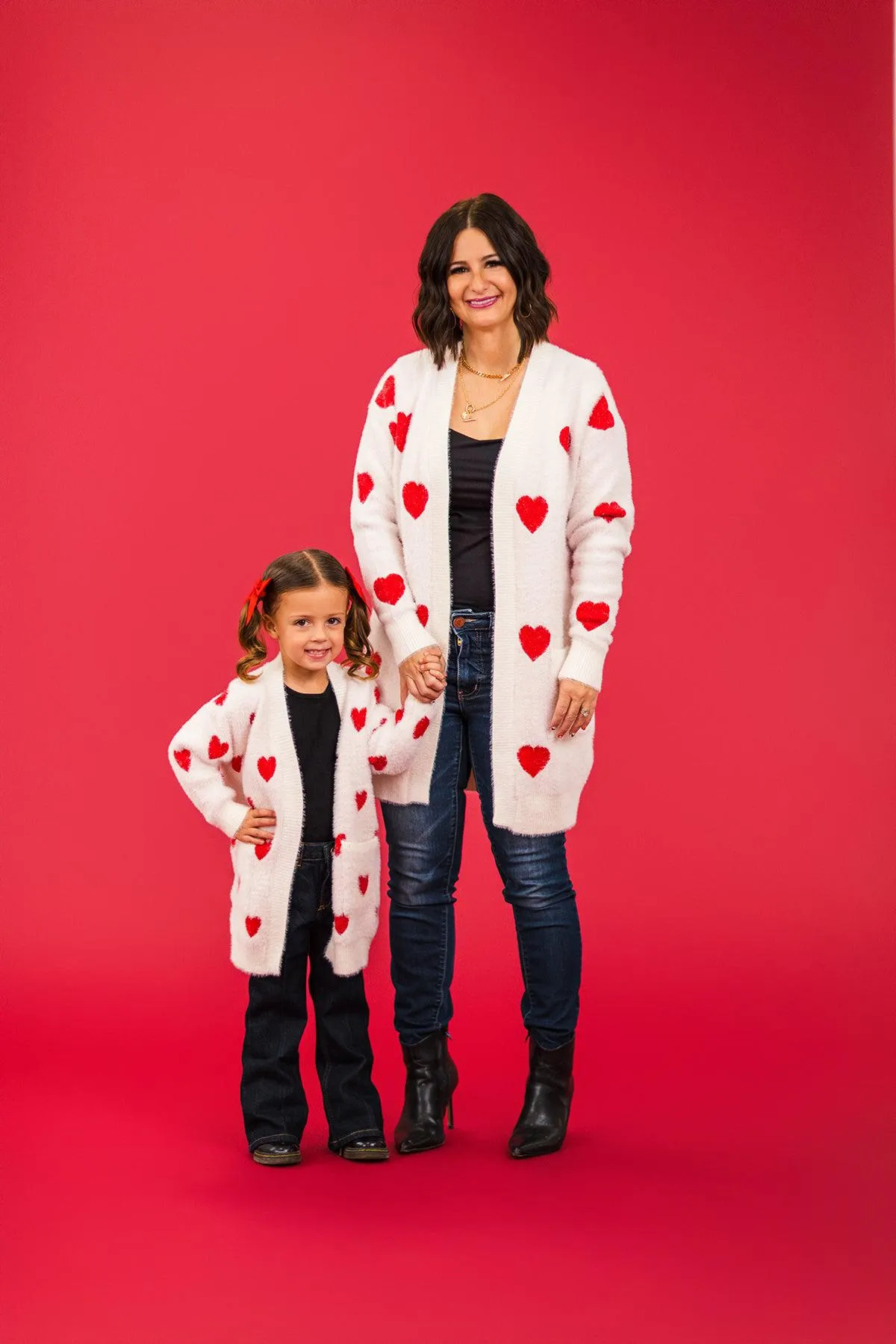 Mom & Me - White & Red Heart Cardigan