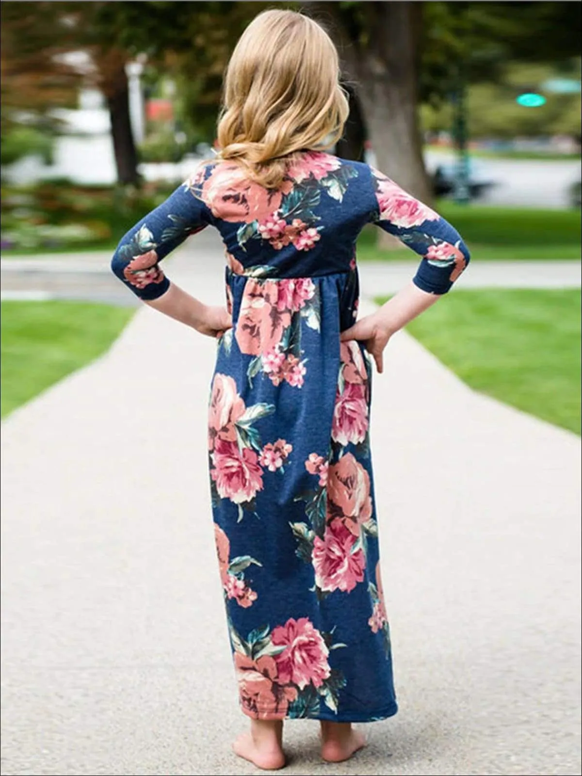 Mommy And Me Blue Long Sleeve Fall Floral Print Maxi Dress