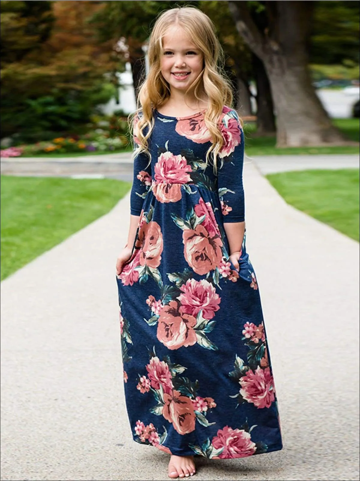 Mommy And Me Blue Long Sleeve Fall Floral Print Maxi Dress