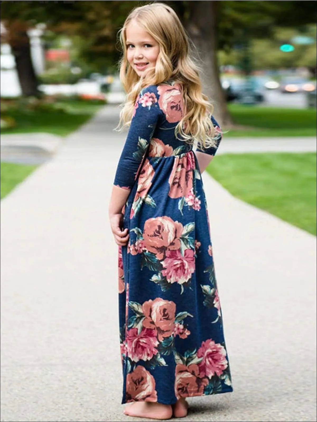 Mommy And Me Blue Long Sleeve Fall Floral Print Maxi Dress