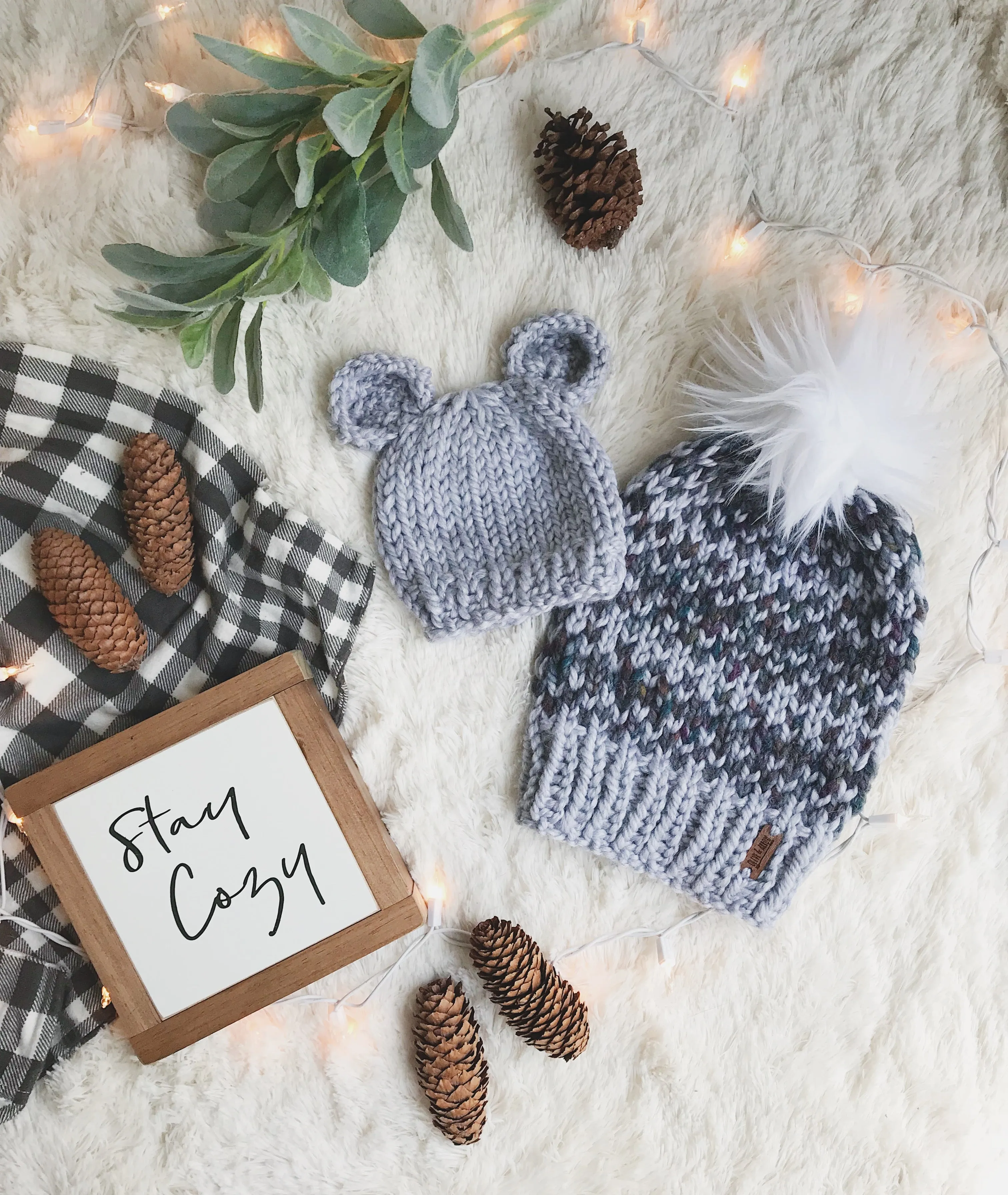 Mommy and Me SET Knitted Fair Isle Beanie with Faux Fur Pom Pom // The Hallowell and Baby Bear Hat