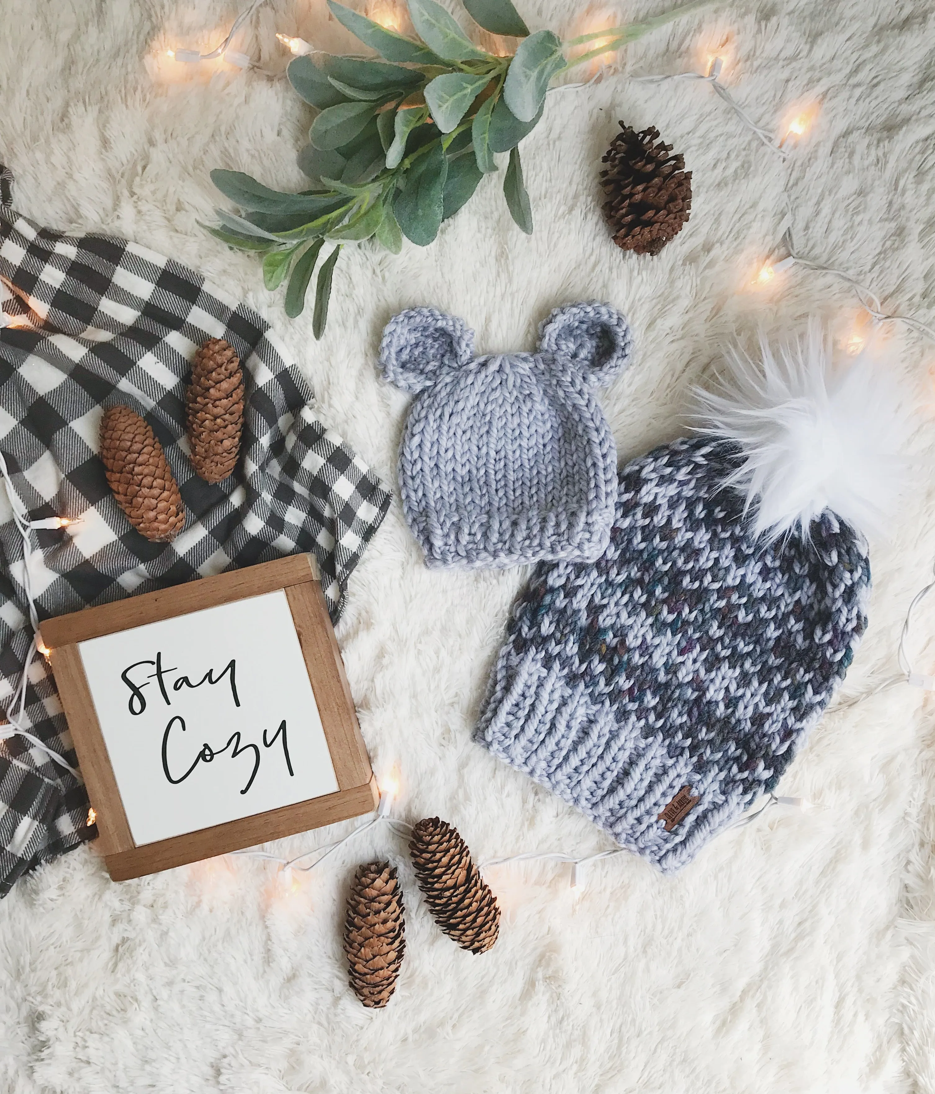 Mommy and Me SET Knitted Fair Isle Beanie with Faux Fur Pom Pom // The Hallowell and Baby Bear Hat