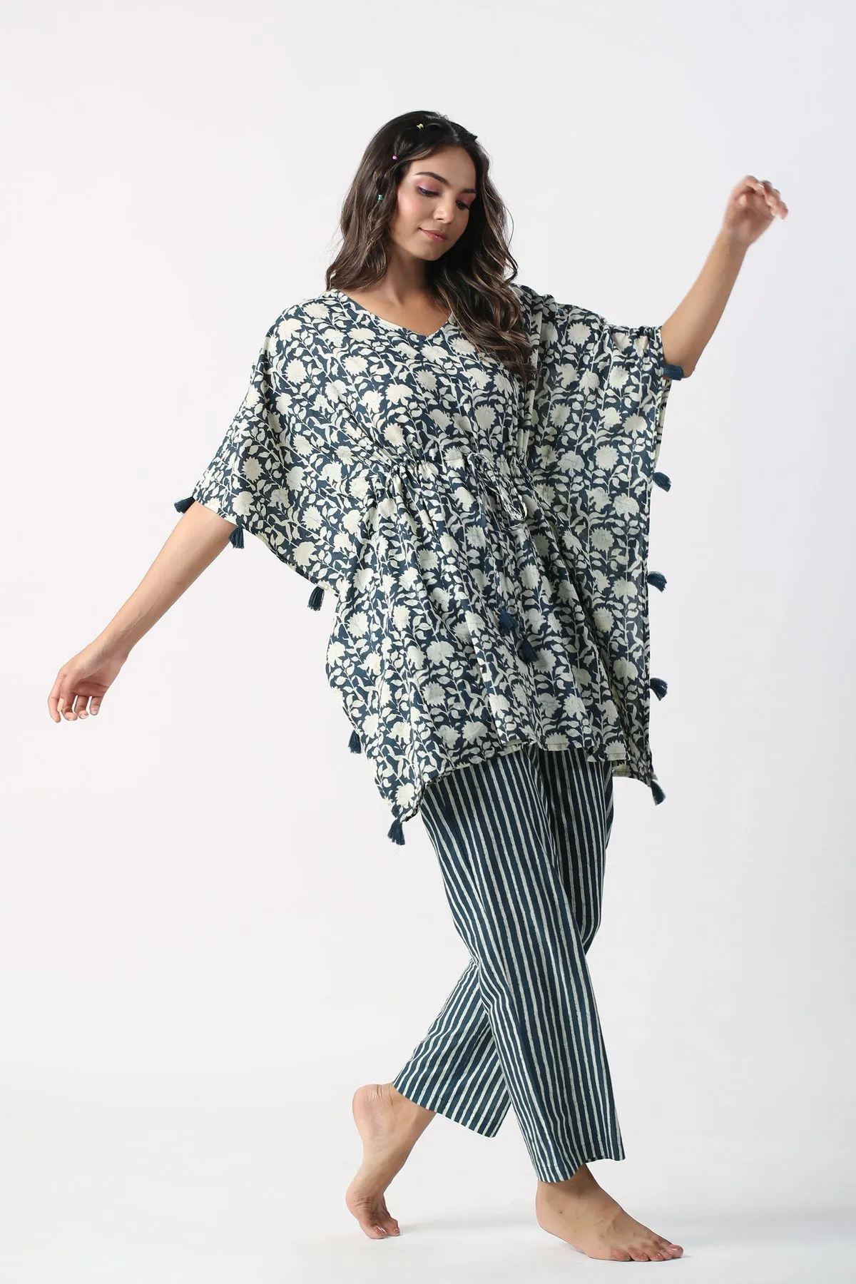 Monochrome blue Jaal with Stripes Cotton Kaftan Pajama set