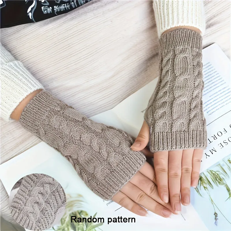 Monochrome Twist Knitted Gloves Short Fingerless Warm Gloves Autumn Winter Coldproof Elastic Gloves