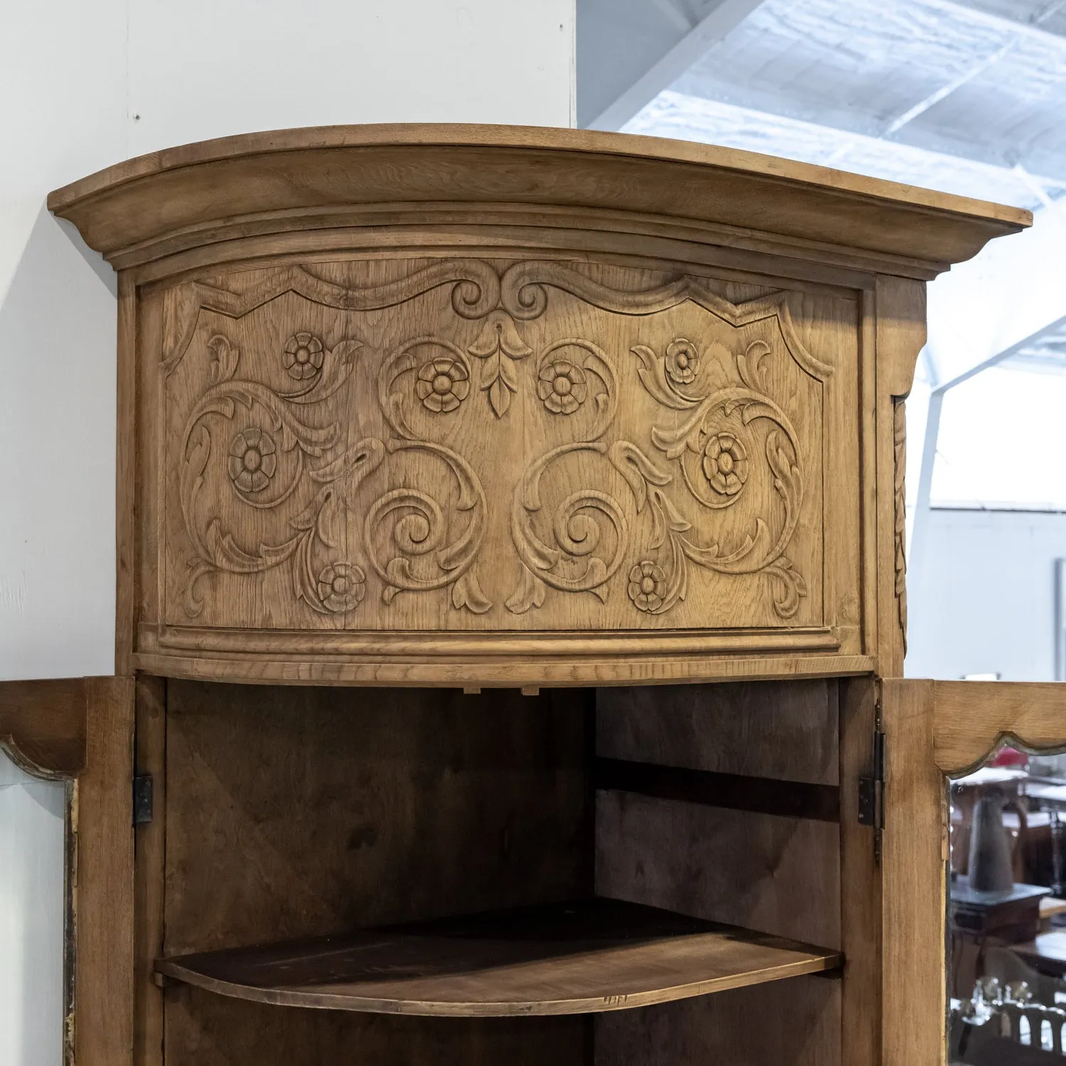 Monumental Pair of 19th Century Louis XV Style Bleached Oak Glass Door Chateau Encoignures or Corner Cabinets