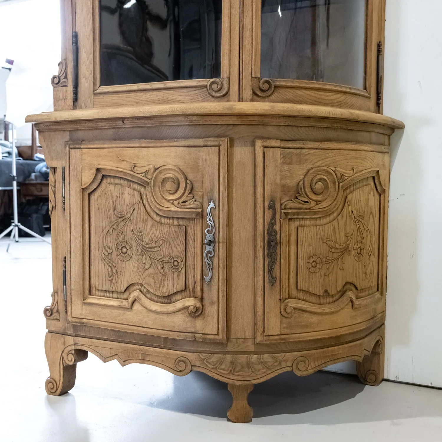 Monumental Pair of 19th Century Louis XV Style Bleached Oak Glass Door Chateau Encoignures or Corner Cabinets