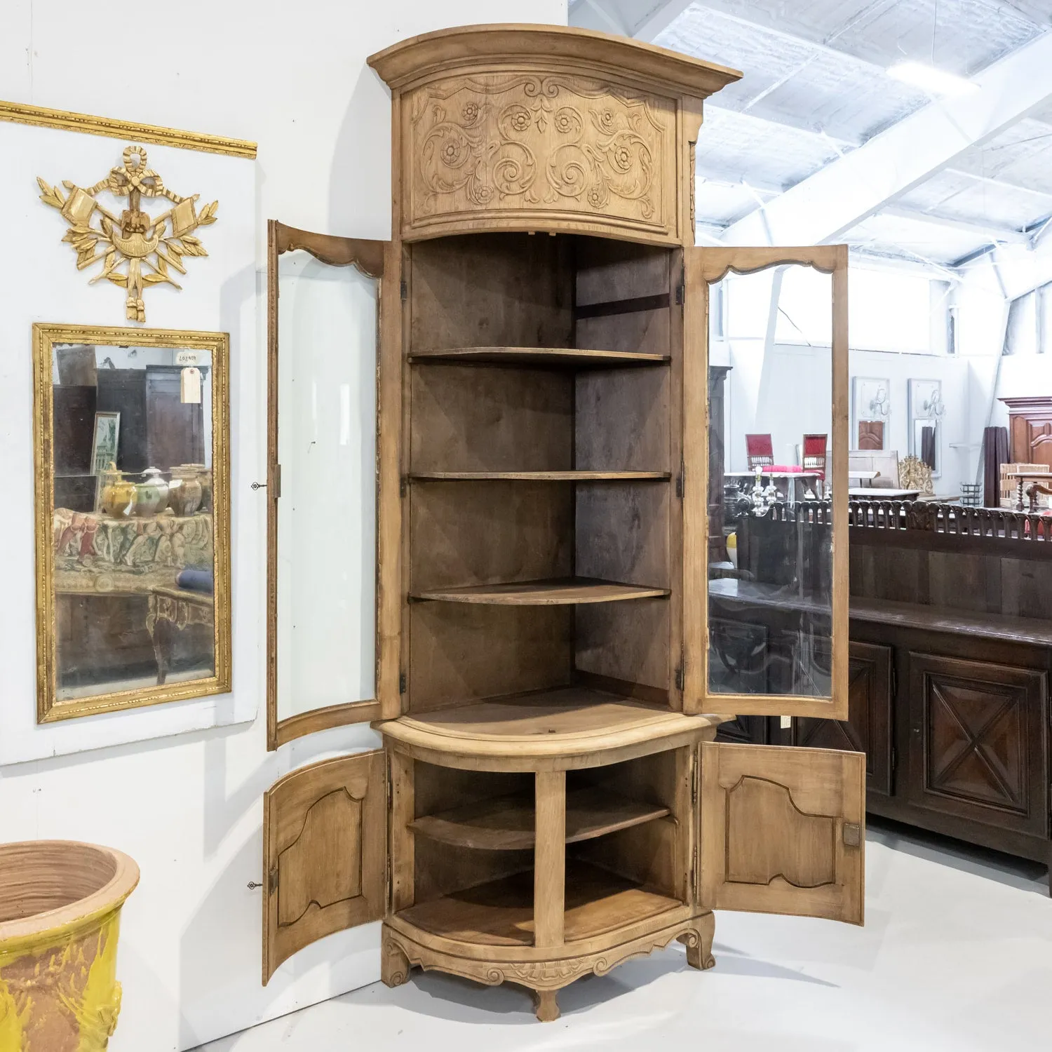 Monumental Pair of 19th Century Louis XV Style Bleached Oak Glass Door Chateau Encoignures or Corner Cabinets