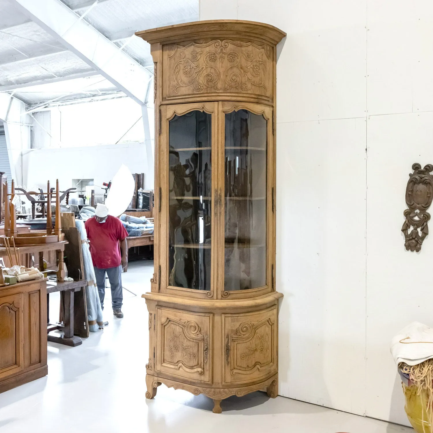 Monumental Pair of 19th Century Louis XV Style Bleached Oak Glass Door Chateau Encoignures or Corner Cabinets