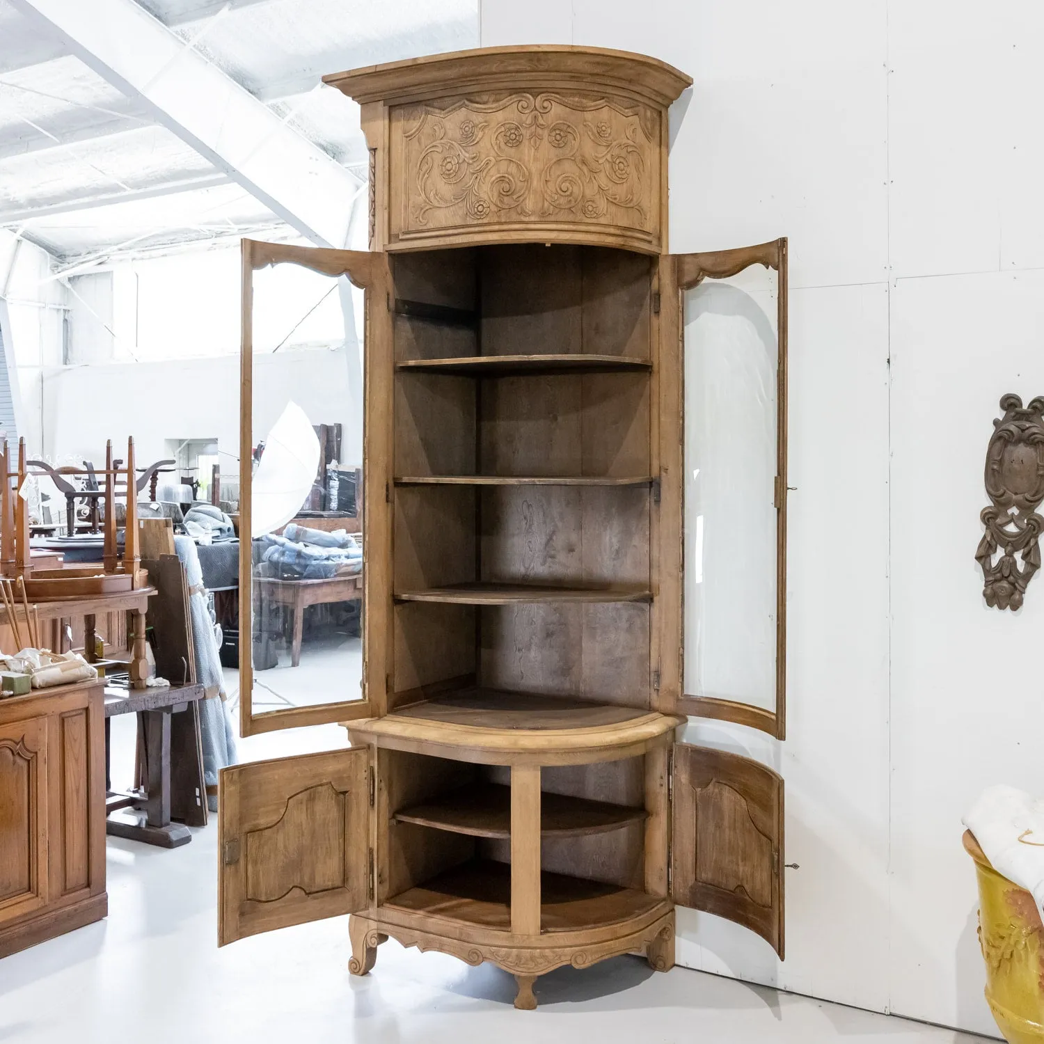 Monumental Pair of 19th Century Louis XV Style Bleached Oak Glass Door Chateau Encoignures or Corner Cabinets