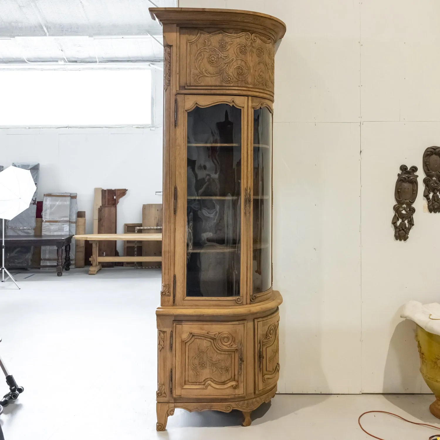 Monumental Pair of 19th Century Louis XV Style Bleached Oak Glass Door Chateau Encoignures or Corner Cabinets