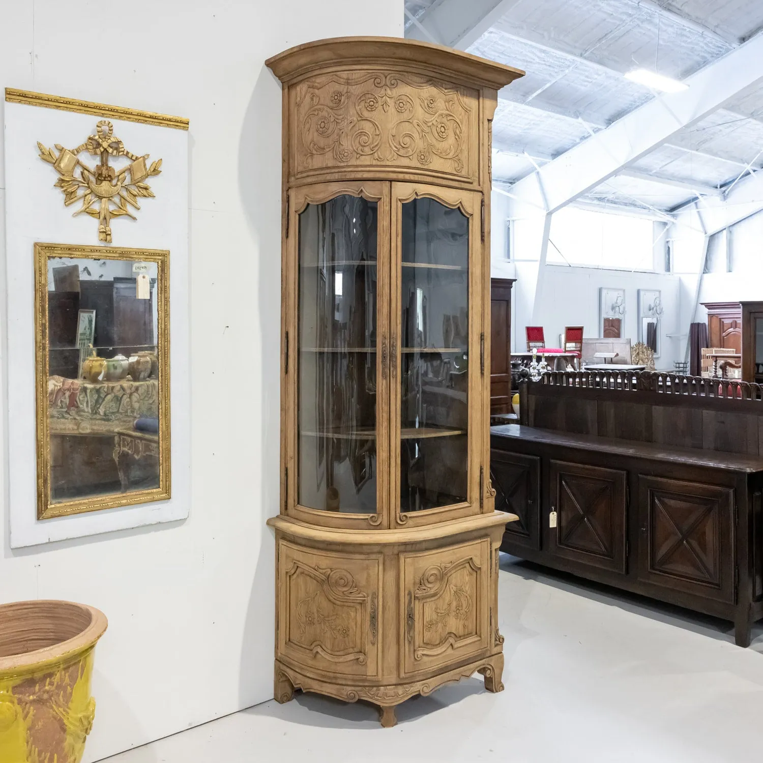 Monumental Pair of 19th Century Louis XV Style Bleached Oak Glass Door Chateau Encoignures or Corner Cabinets