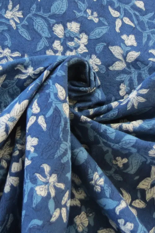 Moralfibre 100% Natural Indigo Handblock Blossom Printed Fabric (0.50 mtr )