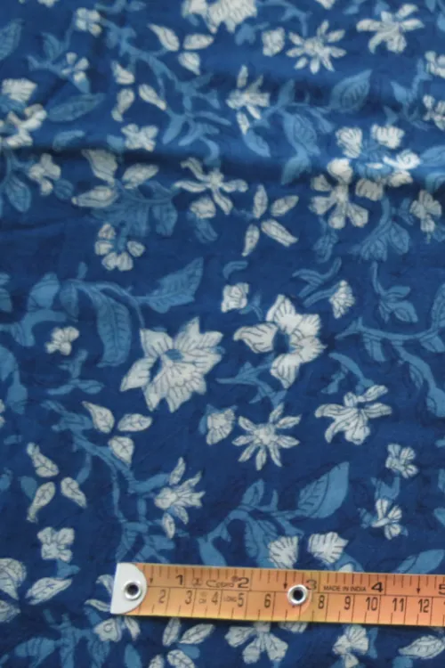 Moralfibre 100% Natural Indigo Handblock Blossom Printed Fabric (0.50 mtr )