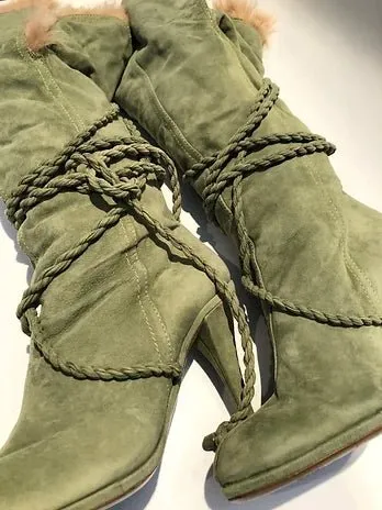 MOSCHINO KNEE HIGH GREEN SUEDE HEEL BOOTS