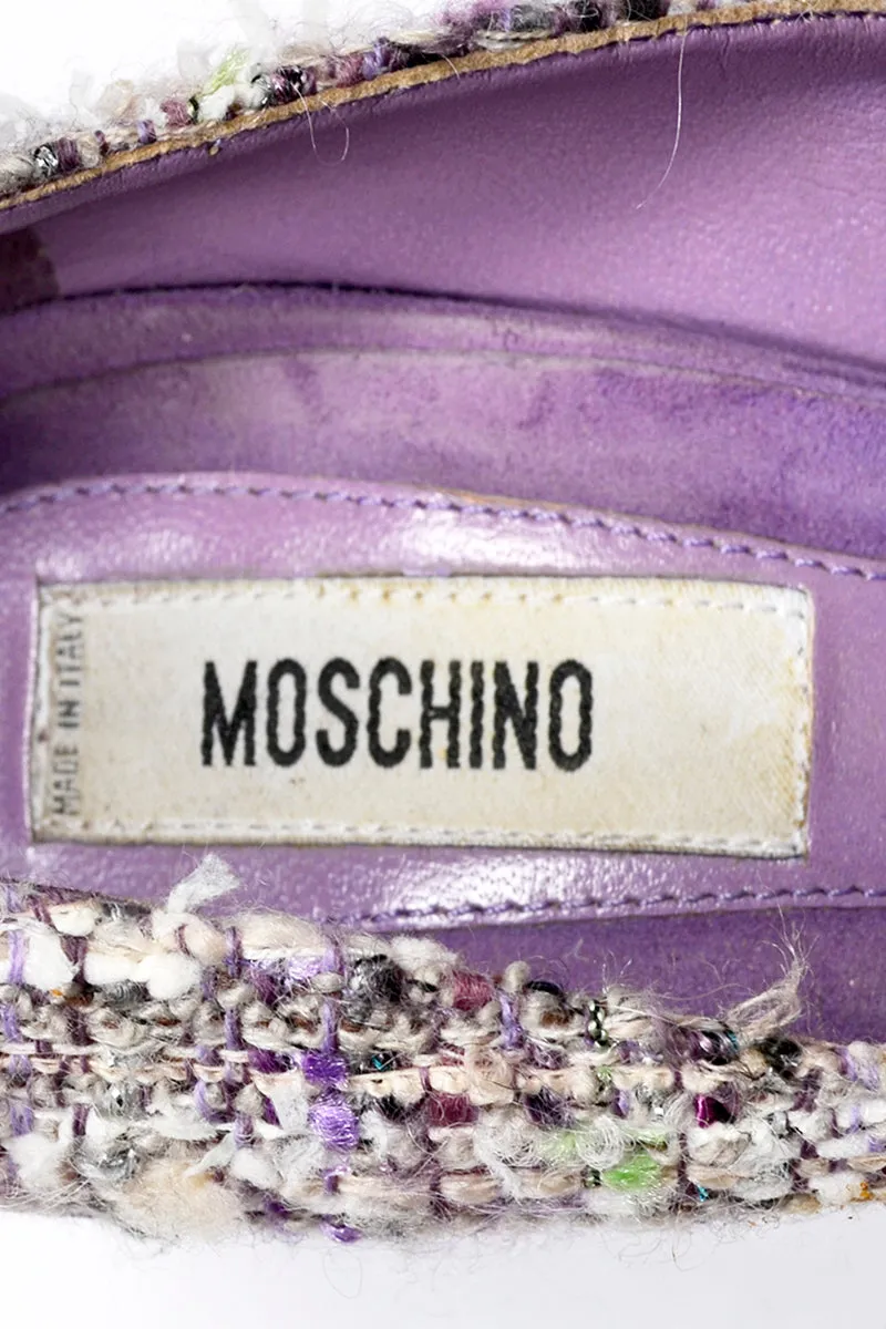 Moschino Vintage Purple Tweed Open Toe Shoes With 3.5 Inch Heels