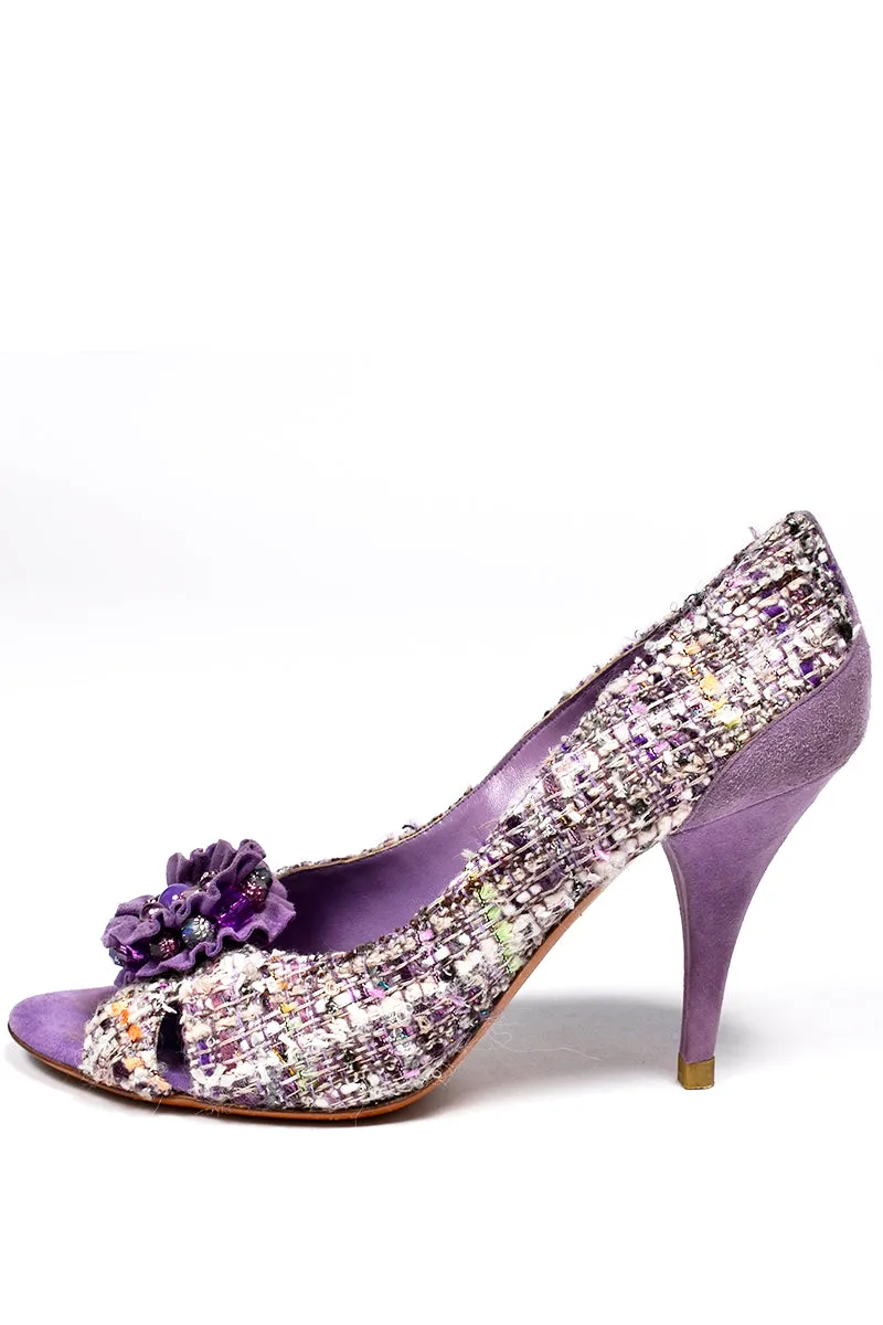 Moschino Vintage Purple Tweed Open Toe Shoes With 3.5 Inch Heels