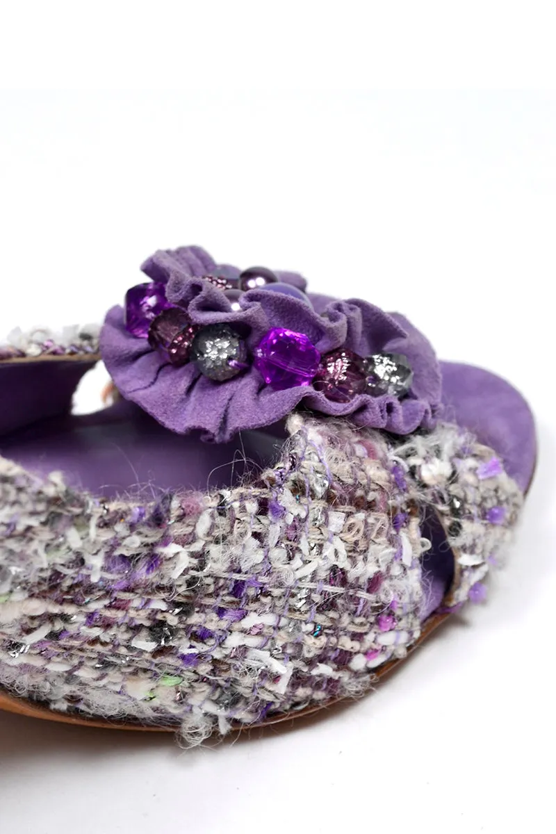 Moschino Vintage Purple Tweed Open Toe Shoes With 3.5 Inch Heels