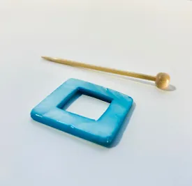 Mother of Pearl Square Shawl Pin "Blue Dahlia"