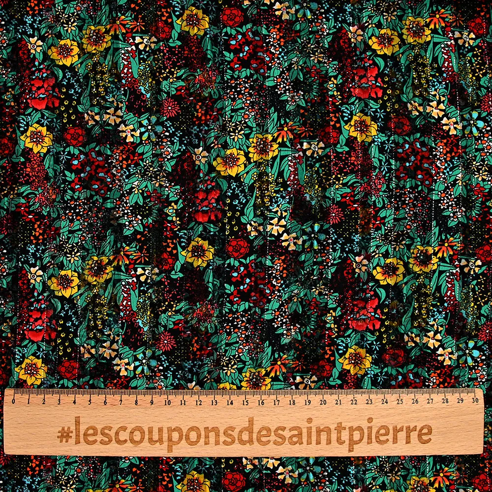 Mousseline imprimée bande satin fleurs turquoise et rouge fond noir