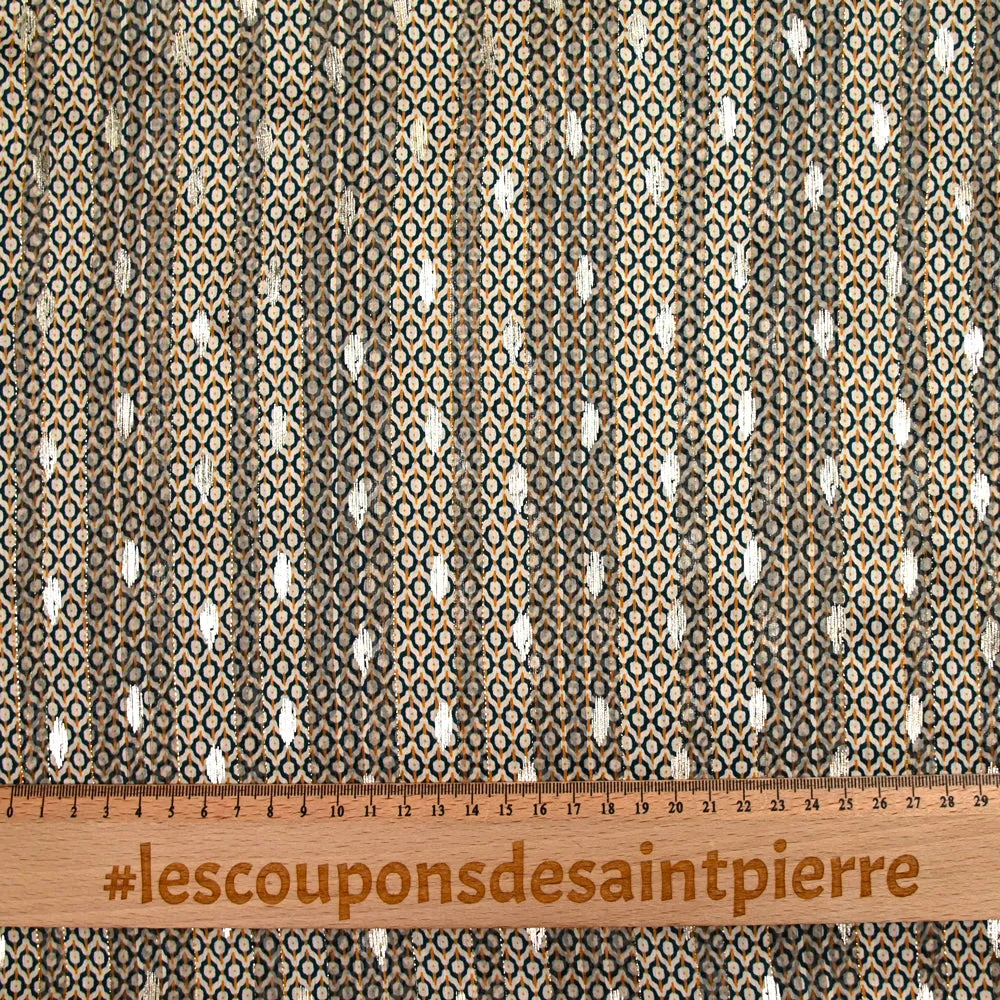 Mousseline imprimée rayée bande satin cercle doré et vert