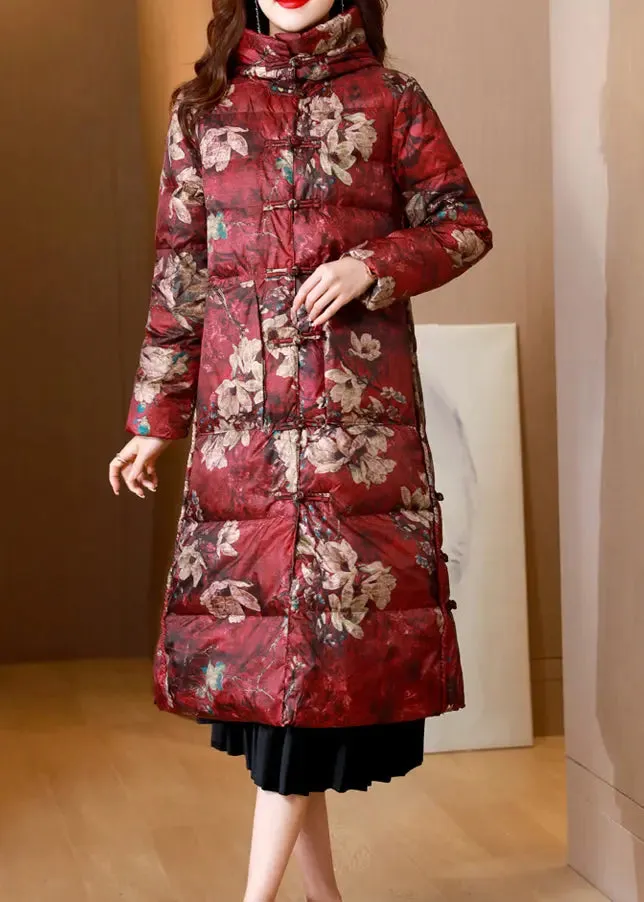 Mulberry Print Pockets Patchwork Duck Down Puffer Coats Stand Collar Winter ML2800