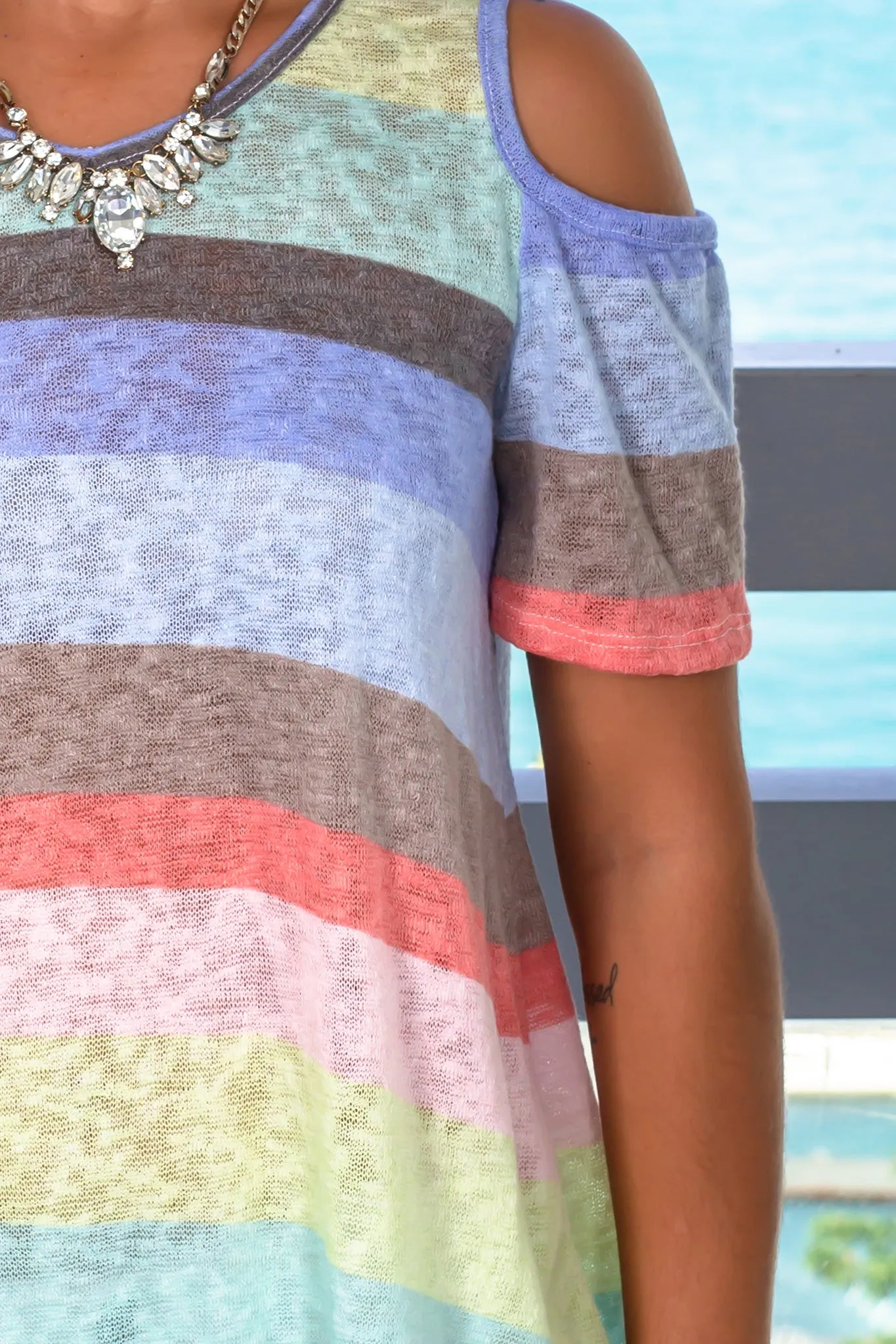 Multi Colored Striped Top with Open Shoulder