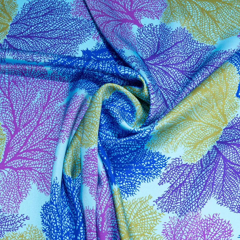 Multi-Coloured Leaf Printed Sky Blue Silk Satin