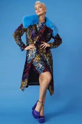 Multi Coloured Sequin Trench Coat with Removable Blue Faux Fur Collar