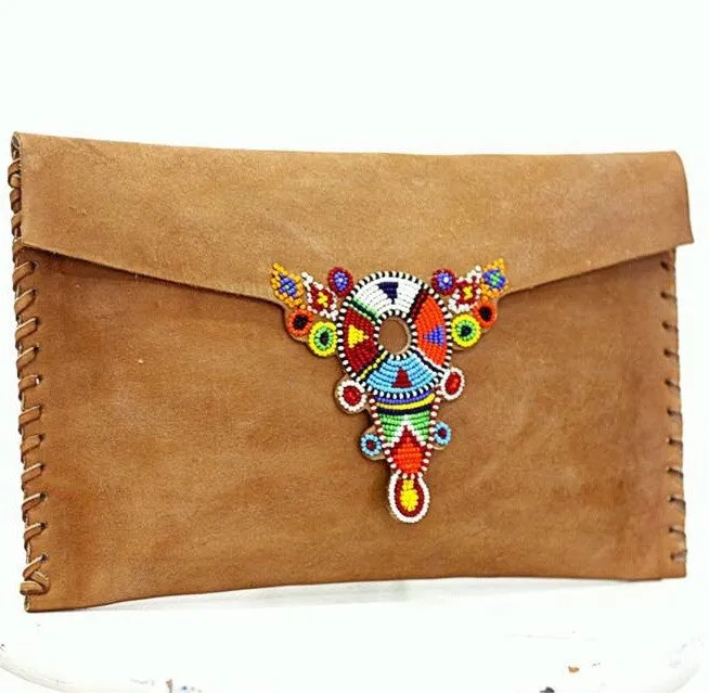 Multi Mid Brown Beaded Leeu Clutch Bag