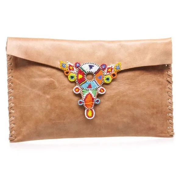 Multi Mid Brown Beaded Leeu Clutch Bag