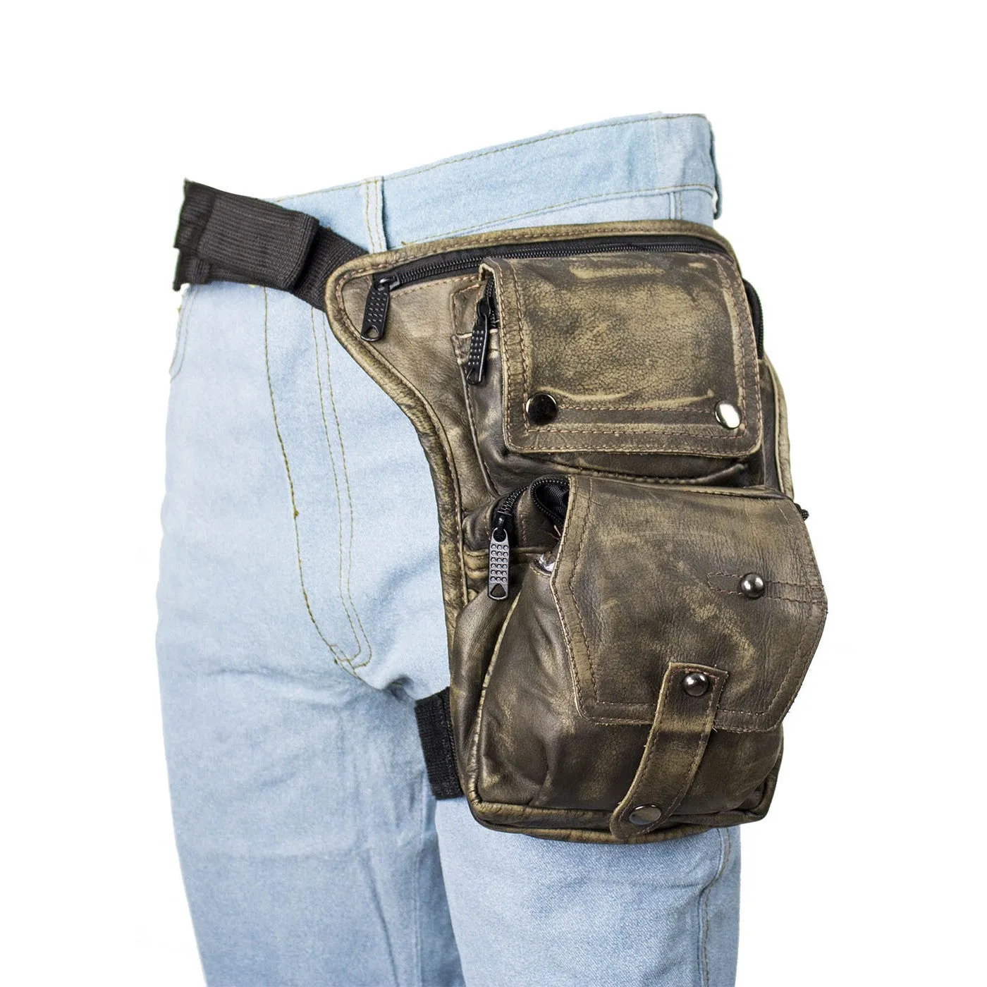 Multi Pocket Thigh Bag with Gun Pocket Distressed Brown Leather