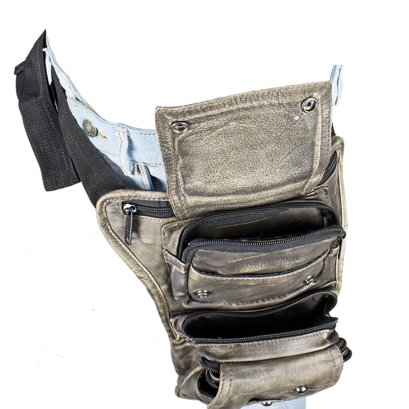 Multi Pocket Thigh Bag with Gun Pocket Distressed Brown Leather