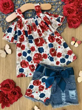 Must Have Flowers Patched Denim Shorts Set